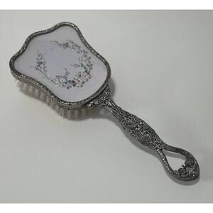 Vintage 1950s Vanity Hair Brush Filigree Floral Silver Dressing Table Handheld